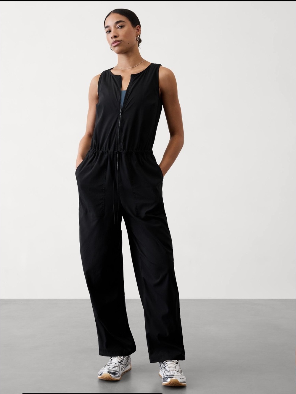 ATHLETA Flex Jumpuit Sleeveless Black Zip-Front Jumpsuit with Drawstring Waist